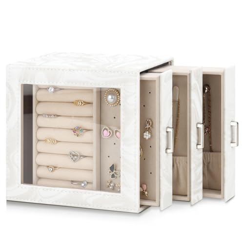 DesignSter Jewelry Box Organizer, Jewelry Box for Women, PU Jewelry Organizer Display Case with Side Drawers, Jewelry Storage for Earring Necklace Ring Bracelet Watch - color: White
