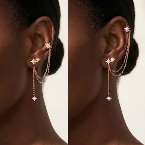 SLUYNZ 925 Sterling Silver Fashion Star Cuff Earring Chain for Women Star Crawler Earring Wrap Earrings - color: One Earring(Left)-C-Rose Gold Plated