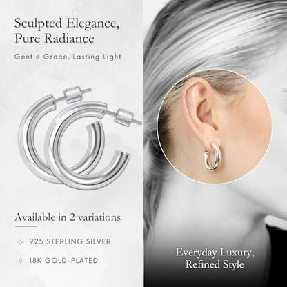 18K Gold Plated Sterling Silver Earrings for Women – Pure & Polished, Twist, Square, Hinged Tube, Abstract & Heart Shape Hoops – Lightweight, Hypoallergenic, Non-Tarnish Jewelry (Sizes: 3x35mm-46x30mm) - color: Silver, size: Polish Hoop (5x25mm)