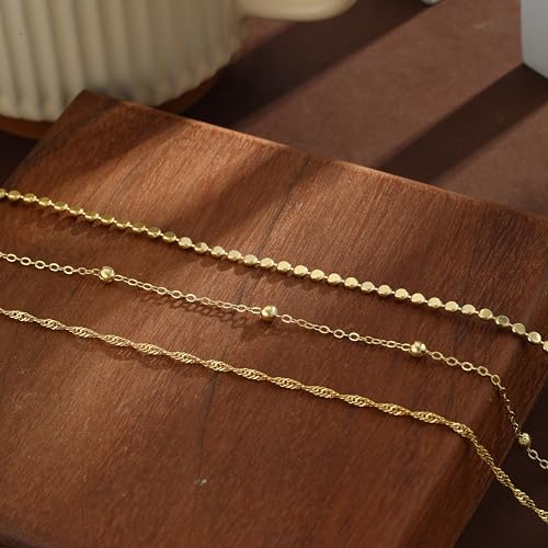 Gold Ankle Bracelets for women,14k Gold/Silver Plated Waterproof Layered lightweight Bow Beaded Twisted Chain Cross Butterfly Satellite Ankle Bracelets Set Gold Anklets for women Trendy Summer Beach Jewelry Gift for Women - style: 3 anklets twisted satell