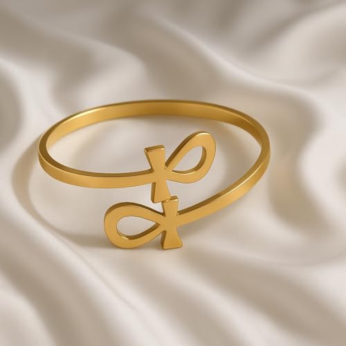 Gold Statement Cuff Bracelet Ankh Cross - Waterproof Stainless Steel Open Bangle Hypoallergenic Egyptian Key of Life Jewelry, Adjustable Protection Amulet for Women Men - color: Gold Statement Double Ankh