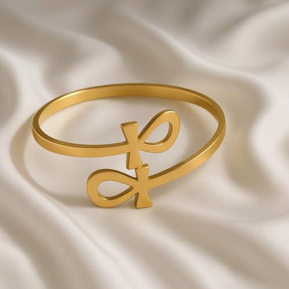 Gold Statement Cuff Bracelet Ankh Cross - Waterproof Stainless Steel Open Bangle Hypoallergenic Egyptian Key of Life Jewelry, Adjustable Protection Amulet for Women Men - color: Gold Statement Double Ankh