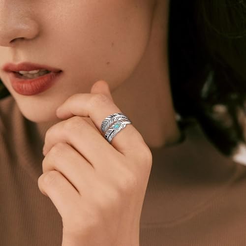 AVECON S925 Sterling Silver Turquoise/Labradorite/Just Breathe/Onyx Rings | Hypoallergenic Adjustable Open Feather Gift Women Men Thumb Spoon Statement Western Band Jewelry for Anniversary - color: Custom-Turquoise