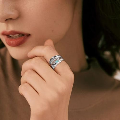 AVECON S925 Sterling Silver Turquoise/Labradorite/Just Breathe/Onyx Rings | Hypoallergenic Adjustable Open Feather Gift Women Men Thumb Spoon Statement Western Band Jewelry for Anniversary - color: Custom-Turquoise