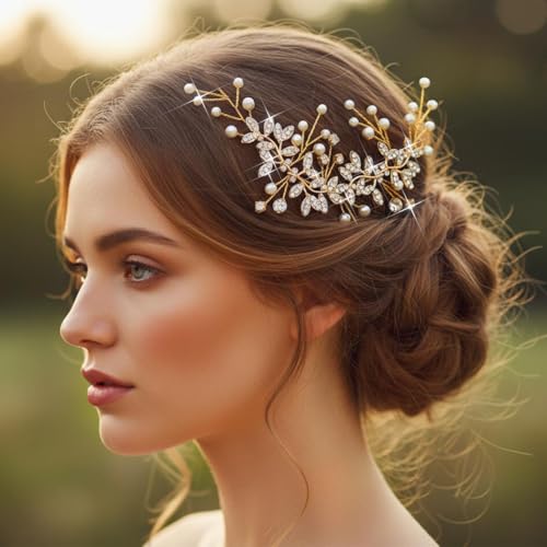 Unsutuo Bridal Crystal Headband Gold Rhinestone Hair Vine Pearls Wedding Accessories for Women and Girls(Gold) - color: Gold