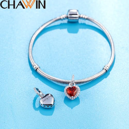 CHAWIN Birthstone Charms, 925 Sterling Silver Heart Dangle Charm, Sparkling CZ Compatible with Pandora Charm Bracelet, Necklace, Birthday Gifts for Women/Wife/Mother - style: 01# January