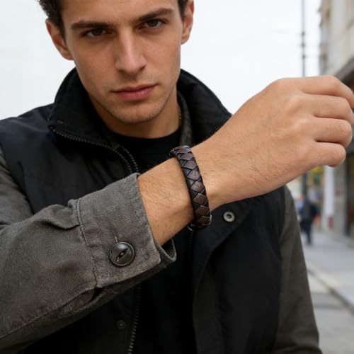Italian Men's Leather Bracelet Jewelry Gift | Men's Accessory, Leather Band, Stainless Steel, Wrist Bracelet