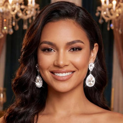 Unicra Silver Rhinestone Teardrop Earrings Crystal Wedding Bridal Dangle Earrings Prom Drop Earrings for Women and Brides - color: Silver