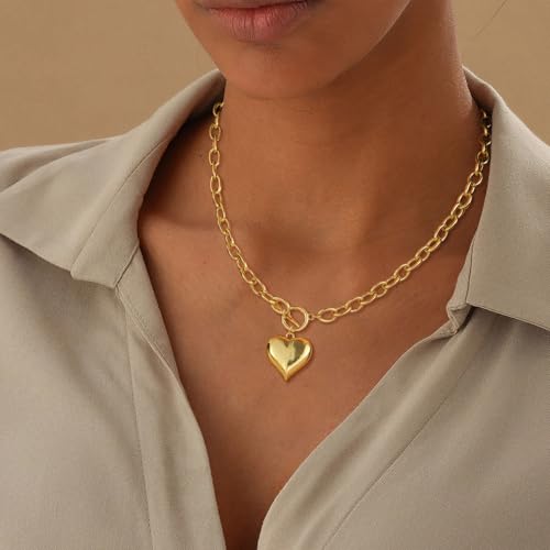 Dainty Heart Necklace for Women, 14k Gold Plated/Rose Gold/Silver Tiny Cute Heart Pendant Necklace Minimalist Choker CZ Necklace Jewelry Gifts for Women - style: Chunky Heart-gd