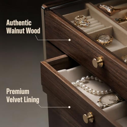 3 - Layer Wooden Drawers Jewelry Box for Women, Jewelry Organizer with Acrylic Cover & Velvet Lining - Adjustable Compartments for Earrings, Rings, Necklaces, Bracelets, Lipstick - size: 10"D x 4.5"W x 6.8"H