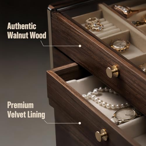 3-Layer Wooden Drawers Jewelry Box For Women,Jewelry Organizer with Acrylic Cover & Velvet Lining-Adjustable Compartments for Earrings Organizer, Rings, Necklaces, Bracelets (normal, 3) - size: normal