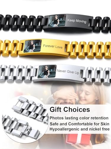 ChainsHouse Men Stainless Steel Bracelet Adjustable Custom ID Engraved Gift | Personalized Silver/Gold/Black for Birthday Father Husband Boyfriend with Gift Box Adjustable Tool 10mm/15mm/15.5mm 8.3"/8.7" - color: E.15mm Width-Silver-Photo Custom