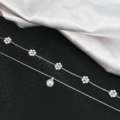 LULII Pearl Necklaces for Women 14K Gold Plated Dainty Layered Single Pearl Necklace Simple Daisy Pearls Choker Cute Gold Necklace Stack Jewelry Sets for Women Trendy Gifts - color: Silver-Layered Daisy Pearl