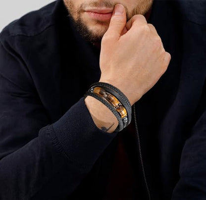 Mens Tiger Eye Leather Bracelet, Natural Tiger Eye Stone Multi-Layer Braided Cuff Bracelets for Men, Stainless Steel with Buckle Memorial Bangle Gifts for Him - color: Black3