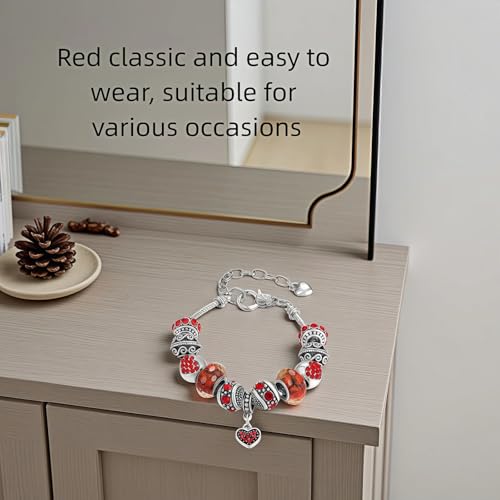 Pink Hearts Silver Plated Charm Bracelet, DIY Jewelry for Women with Beads, Charms, and Adjustable Snake Chain, Fits 7.5"+1.5" - color: Red, size: 19cm