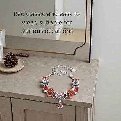 Pink Hearts Silver Plated Charm Bracelet, DIY Jewelry for Women with Beads, Charms, and Adjustable Snake Chain, Fits 7.5"+1.5" - color: Red, size: 19cm