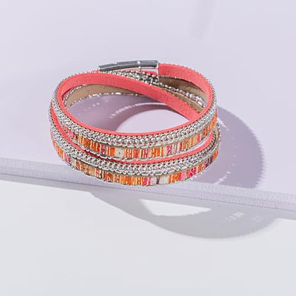 Boho Double Wrap Leather Bracelets Stackable Layered Western Hippie Jewelry | Colorful Stacked Bohemian Statement Chunky Magnetic Clasp Cuff Bangles Cowgirl Country Summer Beach Outfits for Women Trendy - color: Hot Pink