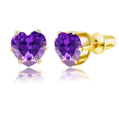 8mm Heart-Cut Birthstone Stud Earrings for Women – 18K Gold Plated Hypoallergenic Cubic Zirconia Earrings, Nickel Free, 12 Months Colors, Everyday Jewelry, Gift for Her, Bridal, Birthday, Christmas - color: 02 Feb Amethyst
