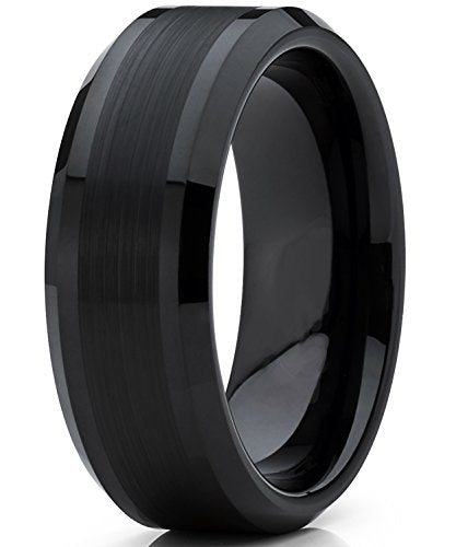 Tungsten Carbide Men's Black Brushed Center Wedding Band Engagement Ring, 8 mm Comfort Fit
