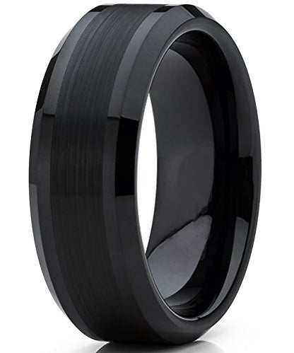 Tungsten Carbide Men's Black Brushed Center Wedding Band Engagement Ring, 8 mm Comfort Fit