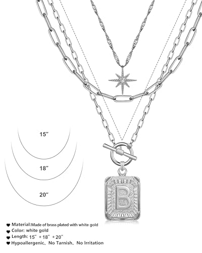 MJartoria Layered Initial Necklaces for Women | 14K Gold Plated Brass, Star Choker, Square Letter Pendant, Paperclip Chain - color: Silver, style: B