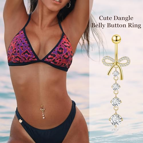 REVOLIA 14G F136 Titanium Dangle Belly Button Ring for Women Dangling Navel Ring Hypoallergenic Belly Ring Externally Threaded Barbell CZ Bow Navel Piercing Jewelry - color: Gold