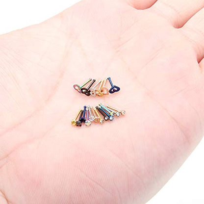 SCERRING 20G 18PCS Stainless Steel Heart Bone L Shaped Screw Nose Stud Rings Piercing Jewelry 2mm Cubic Zirconia - style: 18PCS - Bone