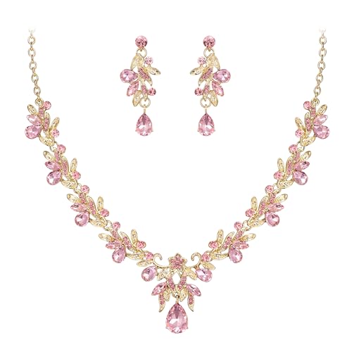 Women's Wedding Jewelry Set Leaf Flower for Bridal Prom Party | Stunning Crystal Teardrop Marquise Cluster Pendant Necklace Dangle Earrings Set for Bride Bridesmaid - color: Pink Gold-Plated-Base
