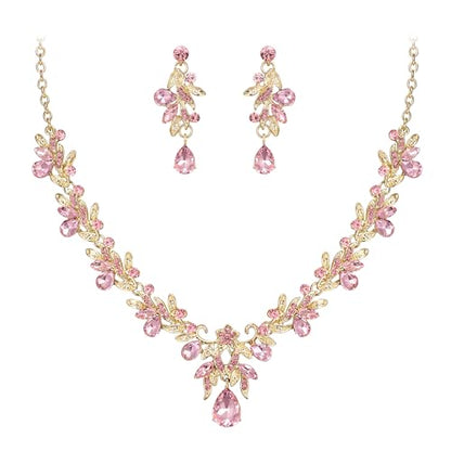 Women's Wedding Jewelry Set Leaf Flower for Bridal Prom Party | Stunning Crystal Teardrop Marquise Cluster Pendant Necklace Dangle Earrings Set for Bride Bridesmaid - color: Pink Gold-Plated-Base