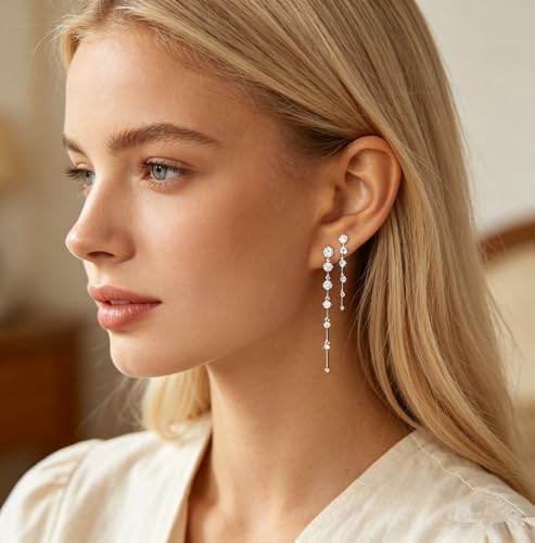 Rhinestone Earrings Dangling for Women Sparkly Silver Dangle Earrings Girls Long Chandelier Earrings Tassel Lightweight Ear Studs Cubic Zirconia (KE001S-W) - color: A-2 pair silver YE01S