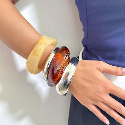 2PCS Chunky Acrylic Bracelet for Women Large Square Resin Cuff Vintage Open Bangle Bracelets Wide Geometric Jewelry - style: F-4pcs
