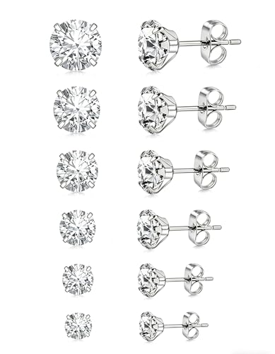 6 Pairs Stud Earrings for Women, 14K Gold Plated Hypoallergenic 316L Surgical Stainless Steel Earrings Studs Sets Cubic Zirconia Cartilage Earrings - color: Silver- 6 Pairs- 2 3 4 5 6 7mm