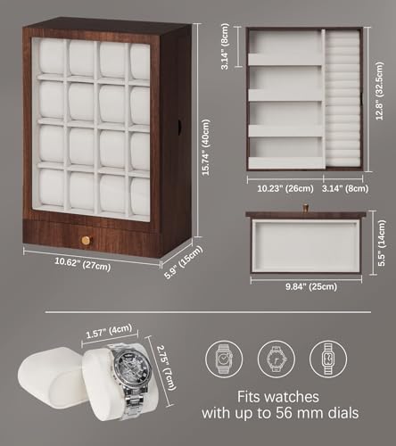 Homde Wooden Watch Box for Men: Display Case with 16 Slots | Organizer for Watches Glasses Jewelry - Nightstand Dresser Display-Clear Dustproof Window for Easy Viewing (L Size) - size: L