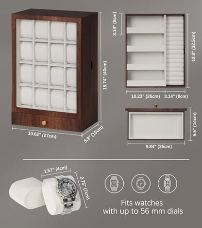 Homde Wooden Watch Box for Men: Display Case with 16 Slots | Organizer for Watches Glasses Jewelry - Nightstand Dresser Display-Clear Dustproof Window for Easy Viewing (L Size) - size: L