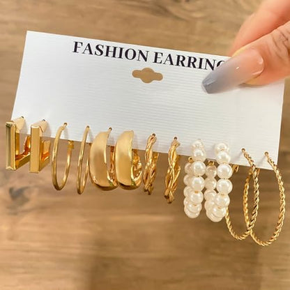 14K Gold Plated Geometric Hoop Earrings for Women Chunky Hypoallergenic Thick Lightweight Jewelry - color: Gold-6 Pairs
