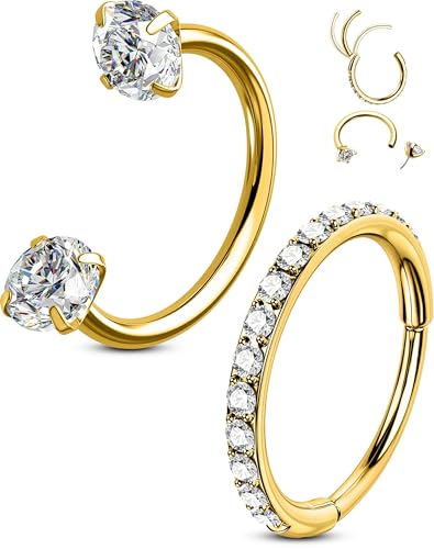 OUFER 2PCS Nose Rings Hoops, 20g Double Gem Horseshoe Threadless Nose Rings for Women, Septum Clicker Daith Tragus Helix Rook Eyebrow Lip Piercing Jewelry - color: Gold