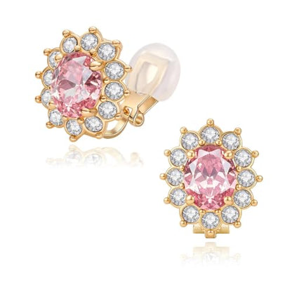 EVEVIC Oval Austrian Crystal Halo Clip On Earrings for Women | Oval Austrian Crystal with Zircon Halo,14K Gold-Plated,Silicone Comfort Pad,Gift Box Included,For Daily and Evening Events - color: Pink