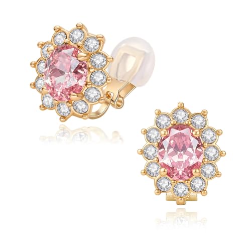 EVEVIC Oval Austrian Crystal Halo Clip On Earrings for Women | Oval Austrian Crystal with Zircon Halo,14K Gold-Plated,Silicone Comfort Pad,Gift Box Included,For Daily and Evening Events - color: Pink