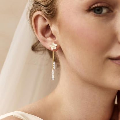 Dangle Earrings for Women Trendy, 14K Gold Plated CZ Huggie Drop Earrings, Dainty Long Chain Prom Wedding Jewelry Gift for Her - style: flower CZ