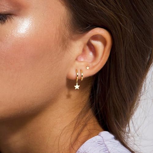 3 Pairs Earring Stacks, Gold Earring Set Jewelry Gift for Women | Small, 14K Gold/White Gold/Black/Rose Gold Plated, Hypoallergenic, Her, Everday, Stackable, Simple, 3 Holes - color: Gold-Star