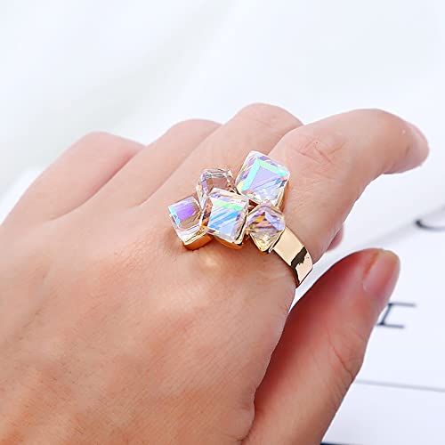 Hebelee Boho Square Crystal Statement Ring for Women Adjustable | Gold-Toned Expandable Promise Engagement Geometric Rings Comfort Fit Elegant Art Deco Christmas Cocktail Y2K Jewelry - color: AB Crystal