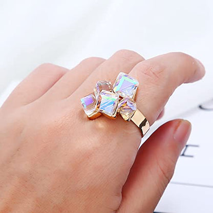 Hebelee Boho Square Crystal Statement Ring for Women Adjustable | Gold-Toned Expandable Promise Engagement Geometric Rings Comfort Fit Elegant Art Deco Christmas Cocktail Y2K Jewelry - color: AB Crystal