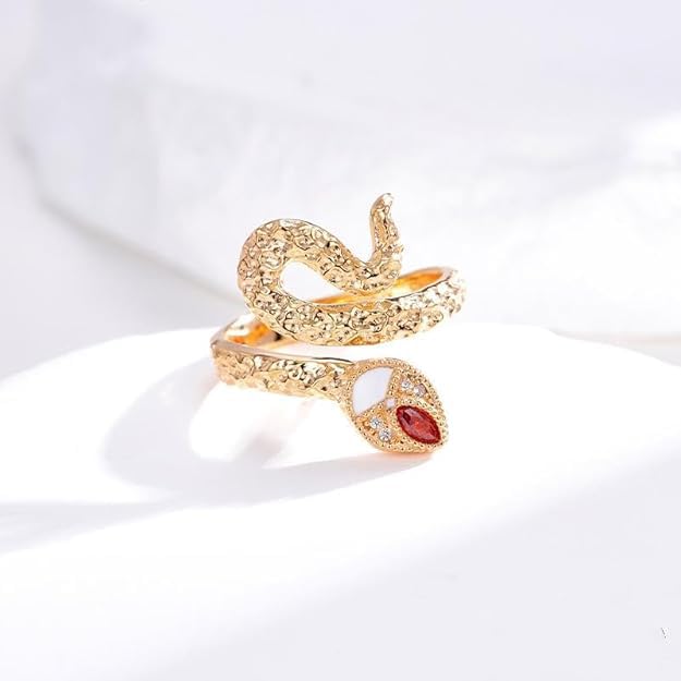 14K Gold-Tone Sterling Silver Adjustable Serpent Ring withRed Zirconia Eyes - Mysterious Snake Jewelry for Women