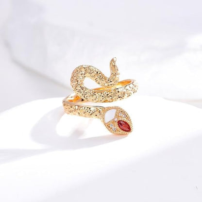14K Gold-Tone Sterling Silver Adjustable Serpent Ring withRed Zirconia Eyes - Mysterious Snake Jewelry for Women