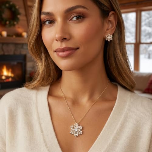 Gold Silver Stud Earrings Pendent Necklace Sets for Women, Dainty Rhinestone Crystal Necklace Earing Jewelry Set Wedding Accessories Fashion Holiday Gift - color: snowflakegold