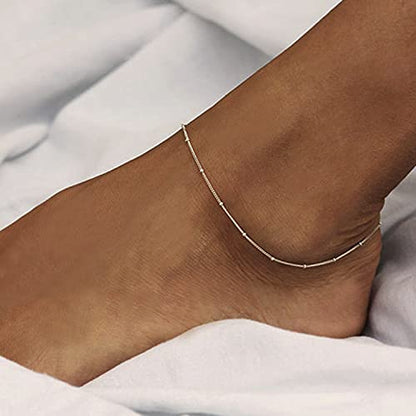 Dainty Simple Chain Anklet for Women 18k Gold/Silver Plated Summer Beach Beaded Evil Eye Moon Figaro Butterfly Satellite Cuban Pearl Flat Marina Anklet Gift - color: Satellite -Silver