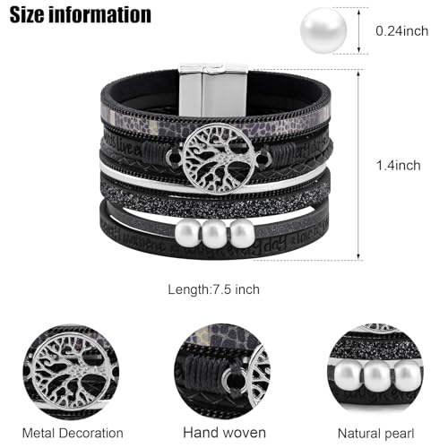 VIBILIA Boho Leather Wrap Bracelets for Women Multi-Layer Bracelets | With Strong Clasp Jewelry for Women - color: 05-Tree of Life-Black