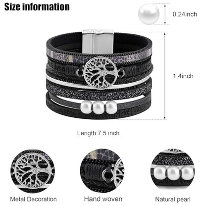 VIBILIA Boho Leather Wrap Bracelets for Women Multi-Layer Bracelets | With Strong Clasp Jewelry for Women - color: 05-Tree of Life-Black