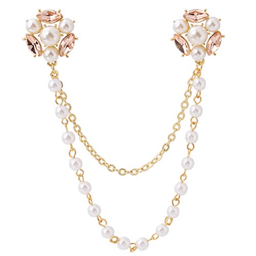 Champagne Tone Crystal Pearl Daisy Flower Brooches Pins with Pearl Chain Tassel Sweater Guard Clip Pin