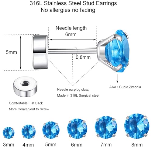 6 Pairs Surgical Steel Flat Back Earrings | CZ Stud Set | Hypoallergenic 316L Surgical Steel • Flat Back Threaded Studs for Cartilage, Helix & Lobe • 6 Mixed Sizes (3-8mm) - color: Flatback-Sea blue